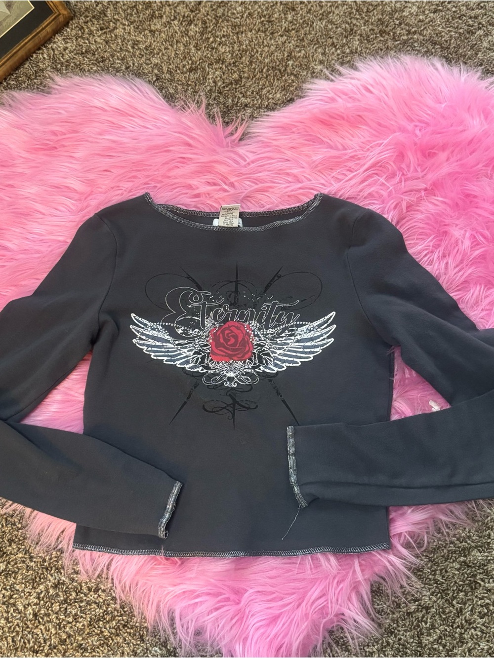 Rue21 Grey Graphic Long Sleeve Top Rose Wing Rhinestone Thumb Hole Y2K Size M